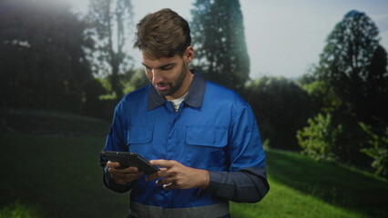 Hispanic man worker with beard in blue overalls looks down and taps a tablet with both hands in park  focused concentration. © Krakenimages.com