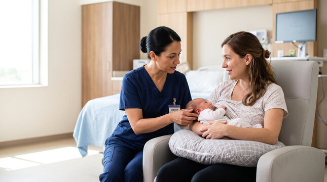 Certified midwife guides new mother on breastfeeding positioning and newborn support using nursing pillow, promoting lactation education, maternal health and postpartum care.