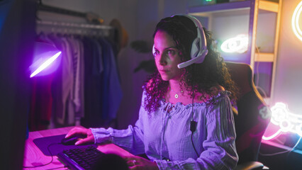 Woman gamer with headset sits at computer desk with arms crossed in studio under purple neon lights  confidence focus. © Krakenimages.com