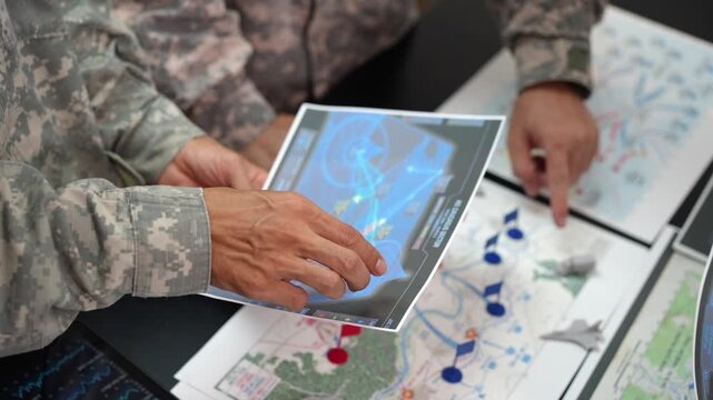 Military personnel in camouflage study layered tactical maps and a blue digital navigation screen, pointing at routes and marked locations during a planning briefing.