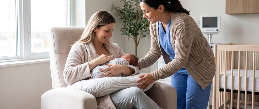 Certified midwife guides new mother on breastfeeding positioning and newborn support using nursing pillow, promoting lactation education, maternal health and postpartum care.