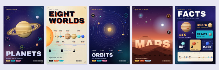 Deep space navy and gold planets cover templates set. Vector vertical poster and brochure layouts with ringed Saturn, orbit dial, Mars landscape, size lineup and fact tiles background © gnm
