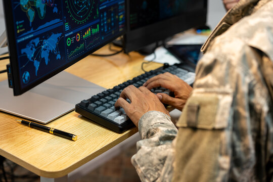 Military professional in camouflage typing at a computer workstation with multiple monitors showing maps, charts and data, representing defense, surveillance and cybersecurity.