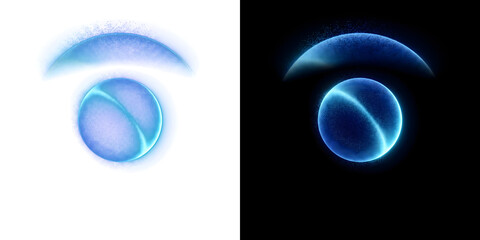 Sphere with glowing blue particle surface and a curved crescent arc above it in PNG, Transparent and Black Background Versions for tech overlays** © Nyxthrasza