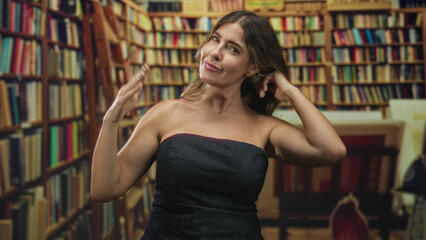 Woman flips long hair with hand and touches neck in front of crowded bookshelves inside a building  confidence introspection. © Krakenimages.com