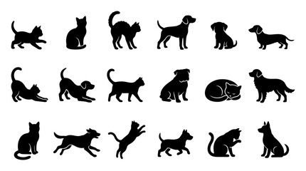 Fototapeta premium A collection of playful and active cat and dog silhouette illustrations showcasing their unique poses and movements, perfect for graphic design and animal-themed projects