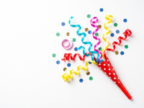Colorful party confetti and noise maker on white background with birthday party