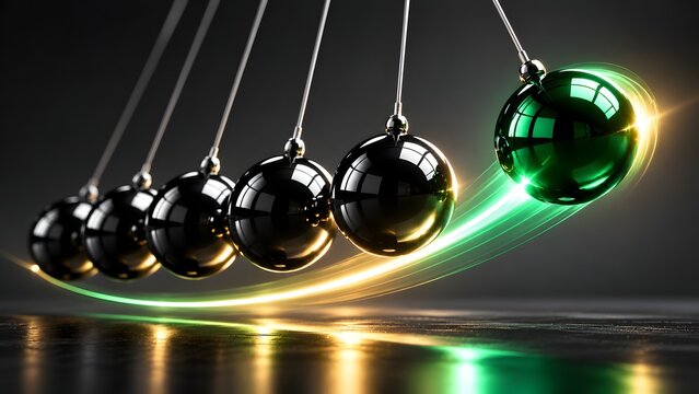 Glowing Green Sphere in Newton's Cradle Demonstrating Kinetic Energy and Impact on Black Metal Balls