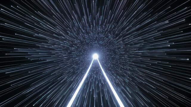 前方の太い光の筋が無数の光線へ散らばる抽象モーション