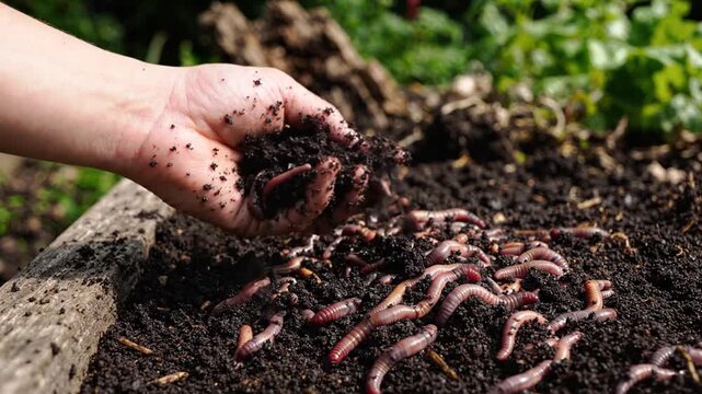 Close up of a gardener hand holding organic soil with red earthworms for vermicomposting in a garden.