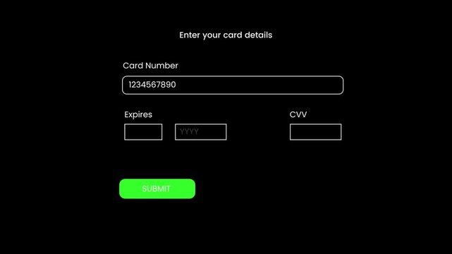 Pricing table user interface animation featuring entering card details and successful payment window