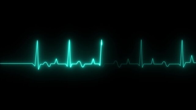 Heartbeat monitor EKG line monitor showing heart pulse .Neon sign heartbeat signal animation , Glowing cyan color neon heartbeat icon.4k motion graphics video of black background.