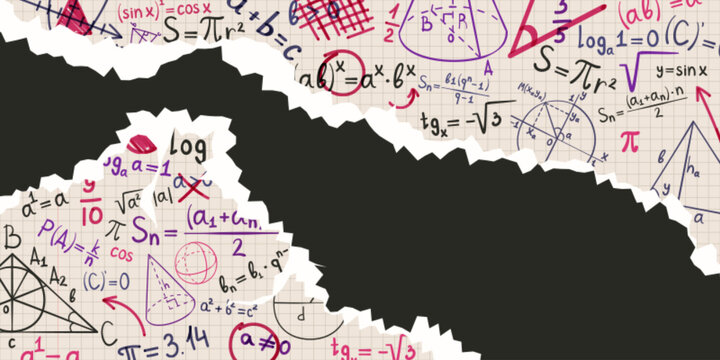 Teared paper sheets background with hand-drawn math symbols and formulas. Colorful pen doodles with algebraic equations and geometry drawings. Vector scientific formulas for classroom study concept.