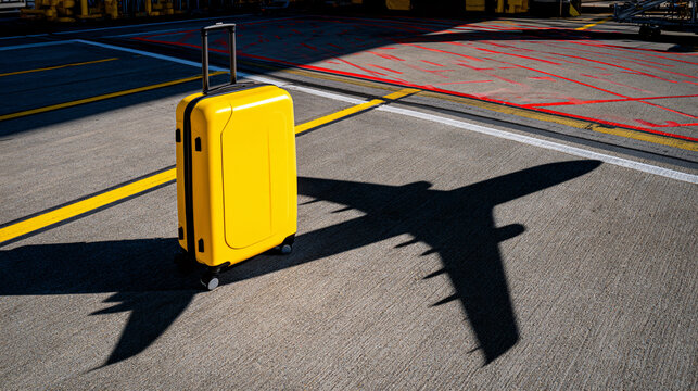 Vintage Yellow Luggage on Tarmac, Casting Plane Shadow, Conceptual Travel Photography, High Contrast, 16 9, 80, Style Raw