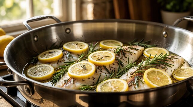 Fresh white fish fillets cook in large stainless steel pan with lemon slices, rosemary herbs. Healthy seafood meal prepares on kitchen stove for delicious dinner. Raw fish fillets simmer in oil with