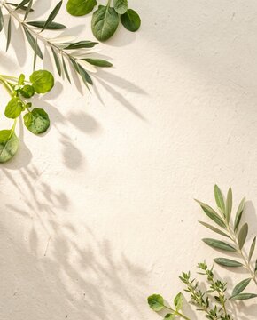 Fresh green herbs and olive branches frame on textured beige