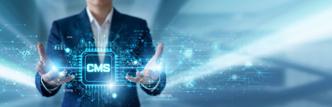 CMS Developer managing CMS and content management data and futuristic network infrastructure. Website publishing, digital content, web development, content creation, online platforms.