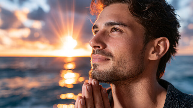 Meditative Sunset Prayer  A Man in Peaceful Solitude, Amidst a Radiant Ocean Backdrop