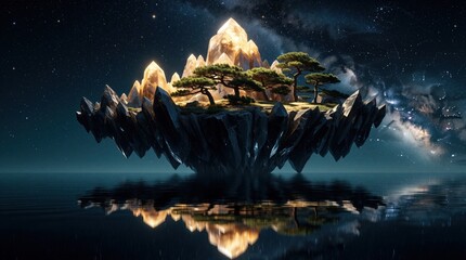 Fototapeta premium Surreal floating island with glowing crystal mountains, pine trees in space. Magic landscape features bright peaks above calm dark water. Starry night sky with milky way galaxy background creates