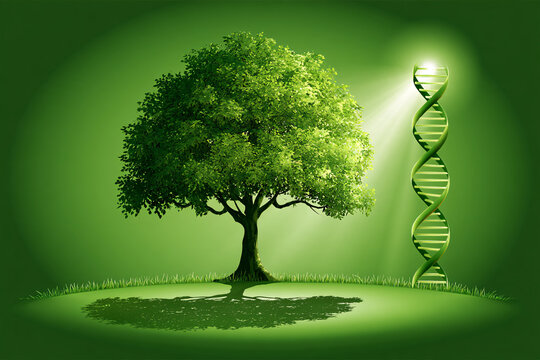 Gene Activated Tree of Life  Conceptual Bioengineering Illustration, Microscopic DNA Structure, Sunlight Beam, Genetic Evolution, Green Biotechnology, Scientific Aesthetic