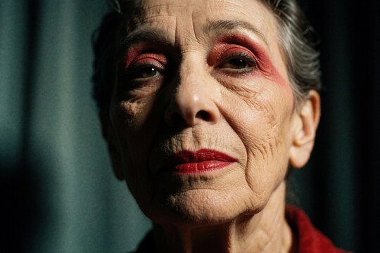 Close up face of senior transvestite performer with red makeup. Crossdresser actor looks at camera with dramatic expression. Old person wears heavy eyeshadow, lipstick for theater show in New York.
