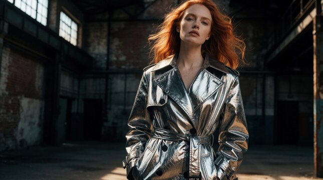 Confident redhead woman wears shiny silver metallic trench coat in abandoned industrial warehouse. Fashionable female model poses with strong stance among dark urban interior. Stylish portrait shows