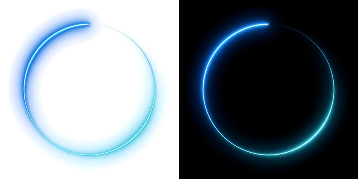 Circle with a thin glowing neon blue and cyan ring fading into a loading arc in PNG, Transparent and Black Background Versions for tech designs**