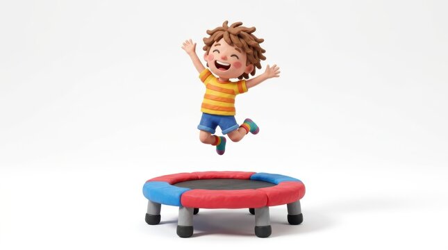 Happy boy jumping on a small trampoline isolated on white background