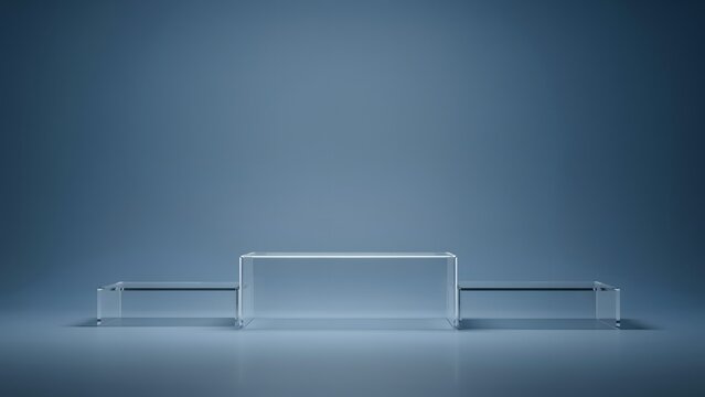 Transparent glass podium arrangement with three tiers on cool blue gradient studio surface.