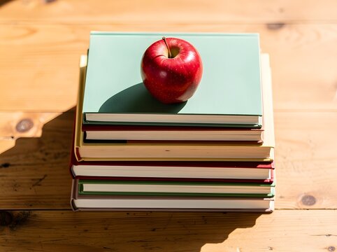 Back to school concept with colorful crayons and notebooks on wooden table