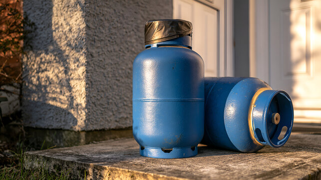 Propane cylinder standing by a door beside an empty one