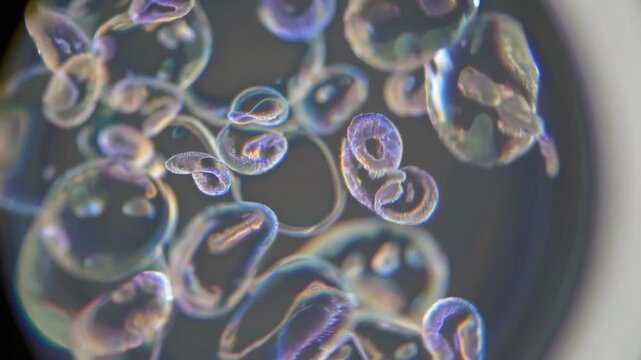Translucent bubble spheres swirl gently throughout scientific liquid sample. Luminous floating membranes shimmer continuously while delicate hollow vesicles interact inside microscopic field.