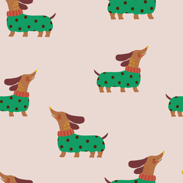 Childish seamless pattern with colorful dachshunds. Trendy vector cartoon pet background. Perfect for kids apparel,fabric, textile, nursery decoration,wrapping paper.