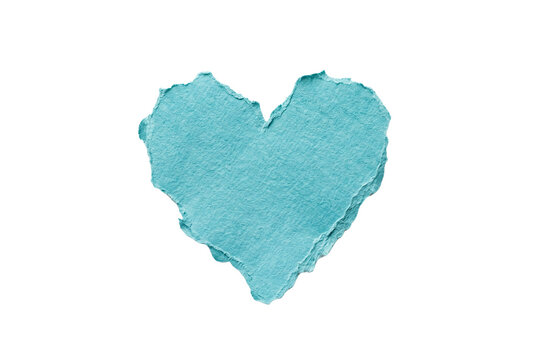 Teal torn paper heart, handmade textured paper heart shape, rustic blue paper heart for craft and love designs isolated on Transparent Background