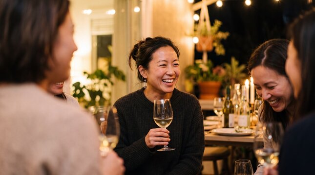 cheerful asian woman laughing while holding wine glass at outdoor dinner party with friends