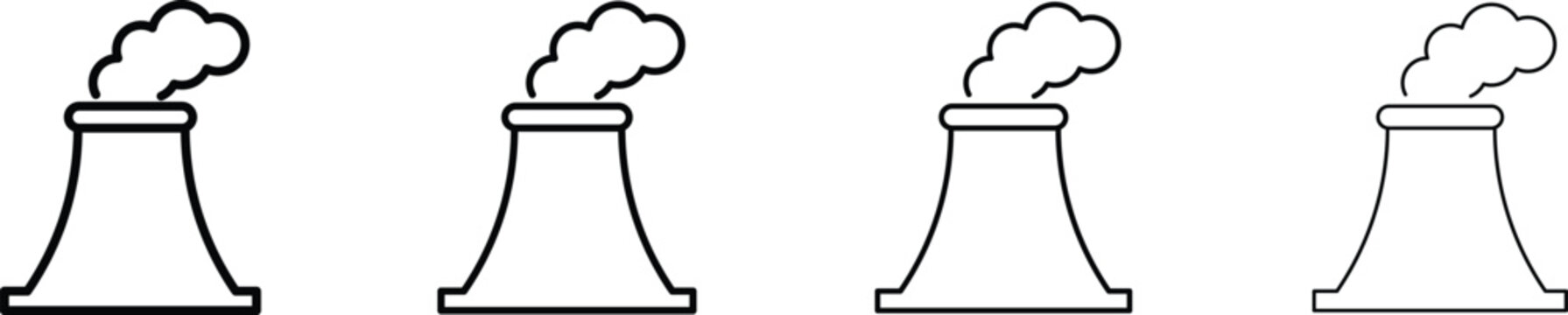 Nuclear power plant icon. Factory chimney sign. Industrial cooling tower vector illustration. Atomic energy emblem. Power station symbol. Nuclear plant outline.
