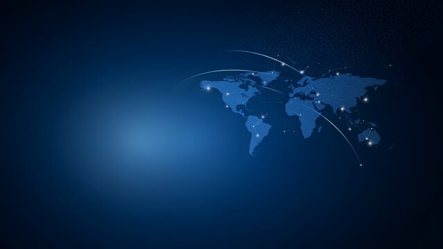 Global world map background with digital connections and illuminated nodes on dark blue base.