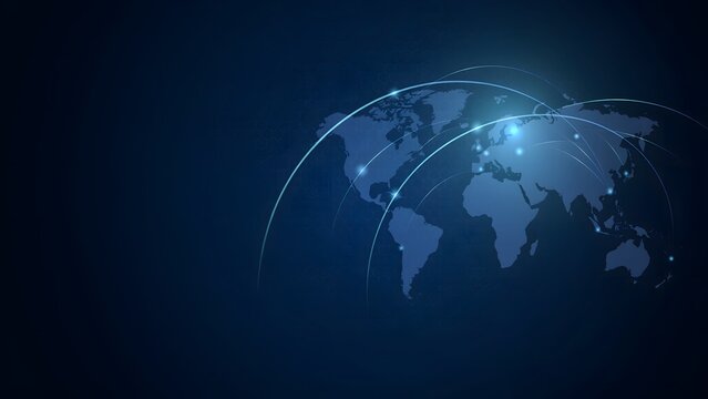 Global network connection background with world map and bright lines for technology and business.