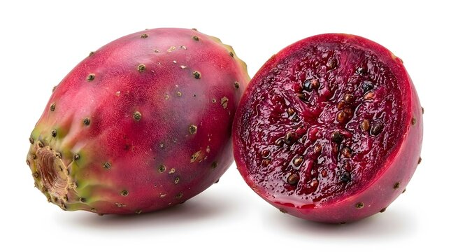 Prickly pear cactus fruit shown whole and halved to reveal vibrant magenta flesh full of tiny seeds.