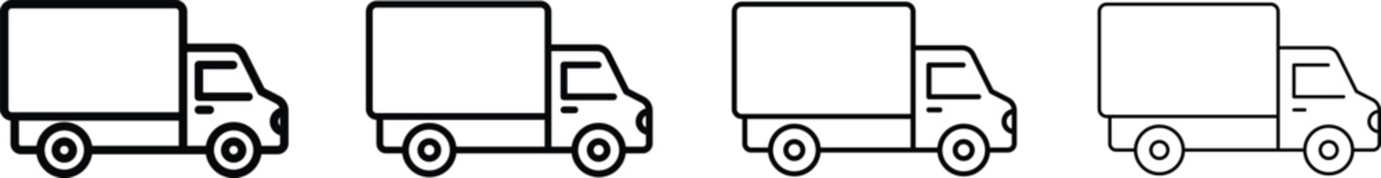 Delivery truck and cargo van line icon set showing freight transportation and package logistics. Shipping transport vector illustration for express delivery, cargo freight, commercial vehicle
