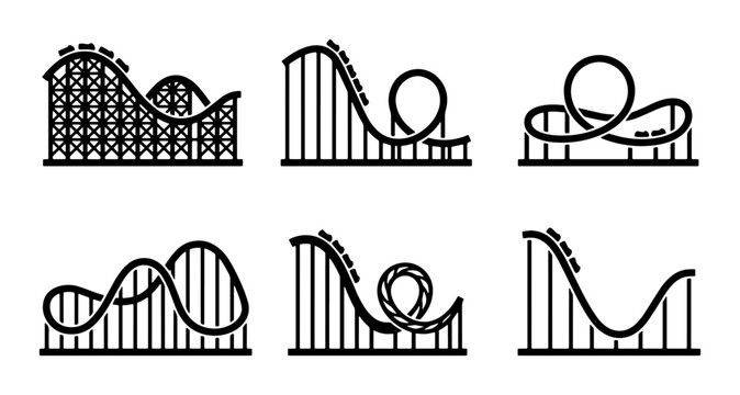 Roller coaster silhouettes set with loops and drops for amusement park fun