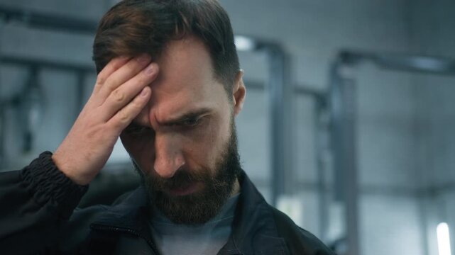 Unwell Caucasian man mechanic suffering headache at auto repair garage overworked male technician automotive engineer feeling sick after hard work painful migraine tired industrial worker in uniform