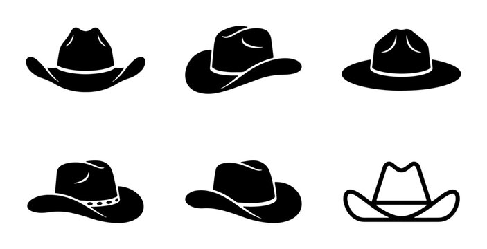Cowboy hat silhouettes set with different styles and details for western or country themes logo and print