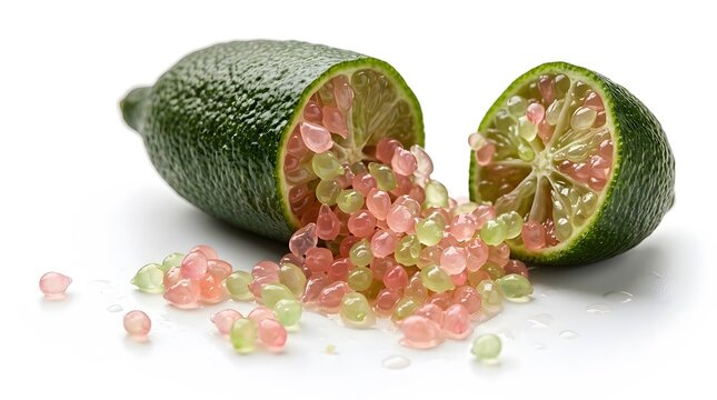 Finger lime cut in half displaying translucent pink and green vesicles spilling out of the dark green rind on a clean white surface.