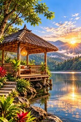 Obraz premium Rustic Thatched Wooden Gazebo Beside a Peaceful Mountain Lake