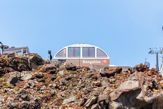 Rangatira Express lift station overlooking rugged volcanic terrain at Whakapapa Ski Field on Mount Ruapehu, New Zealand