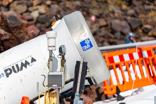 Close-up of snowmaking equipment installed beside a ski run at Whakapapa Ski Field on Mount Ruapehu, supporting snow coverage during the winter season in New Zealand