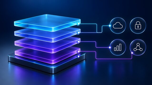 Illuminated data storage layers connected to virtual interface icons demonstrating cloud integration secure network architecture and digital analytics