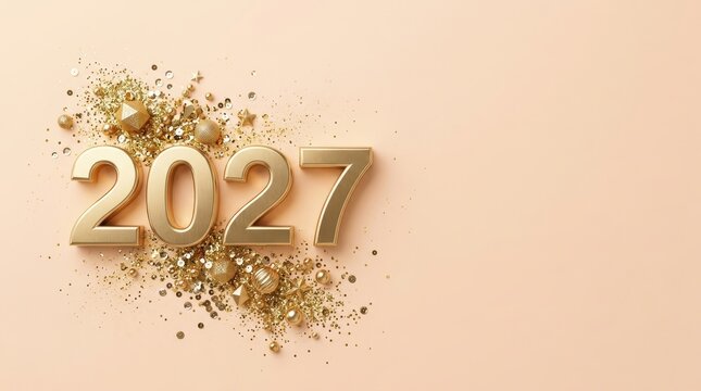 Happy New Year 2027 Golden 3D Numbers with Glitter and Sequins on Beige Background for Festive Celebration and Planning