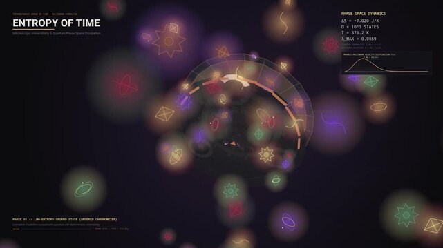Abstract scientific animation visualizing the entropy of time with glowing geometric symbols phase space dynamics data UI and text about macroscopic irreversibility and quantum physics